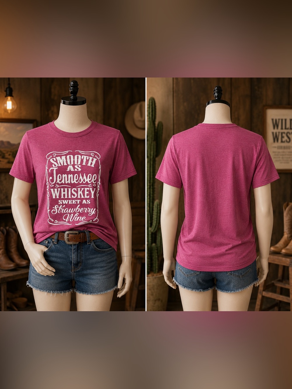 🆕 Cowboy-Western ThemedGraphic Tee - Smooth as Tennessee Whiskey Strawberry Wine